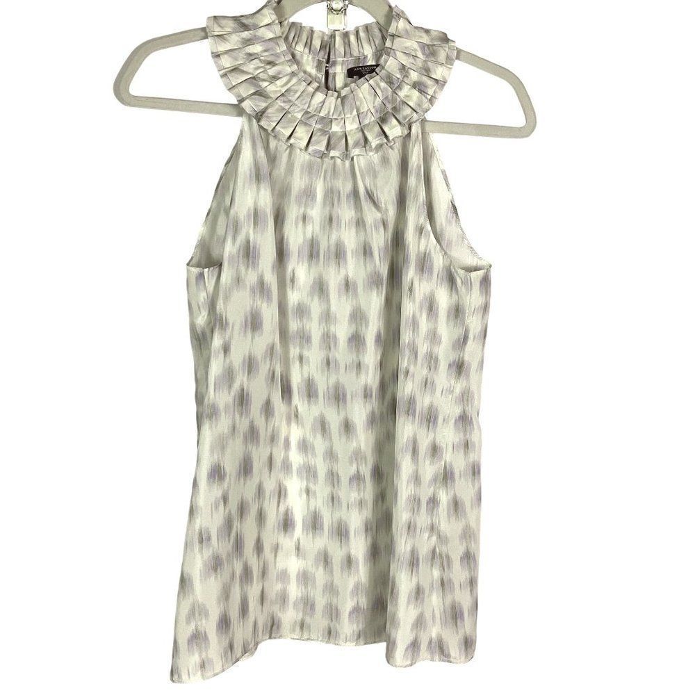 Ann Taylor Silk Ikat Print Shell, size 10, ivory/lavender/gray, back neck button